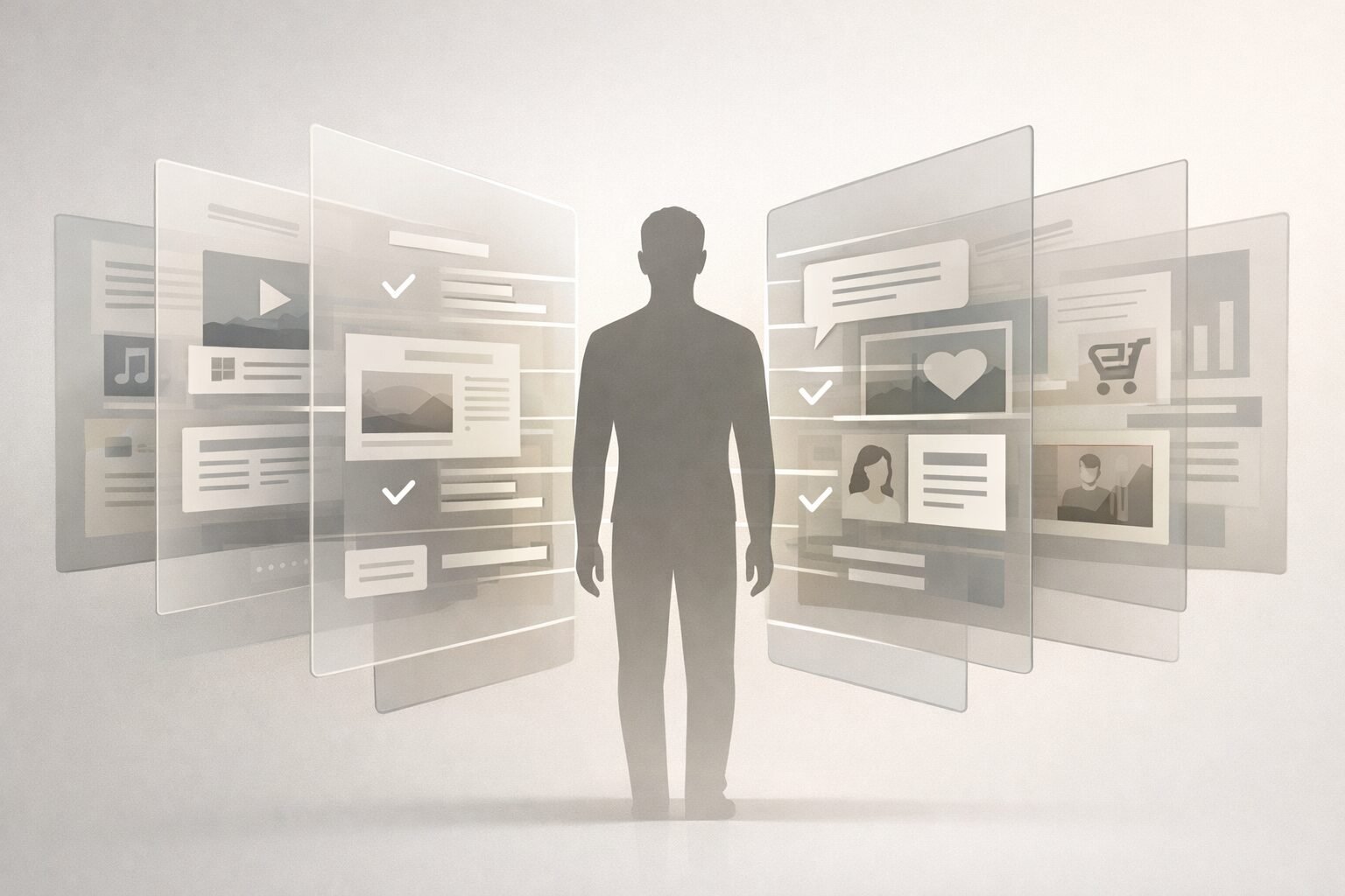 Human silhouette surrounded by algorithmically filtered digital content streams