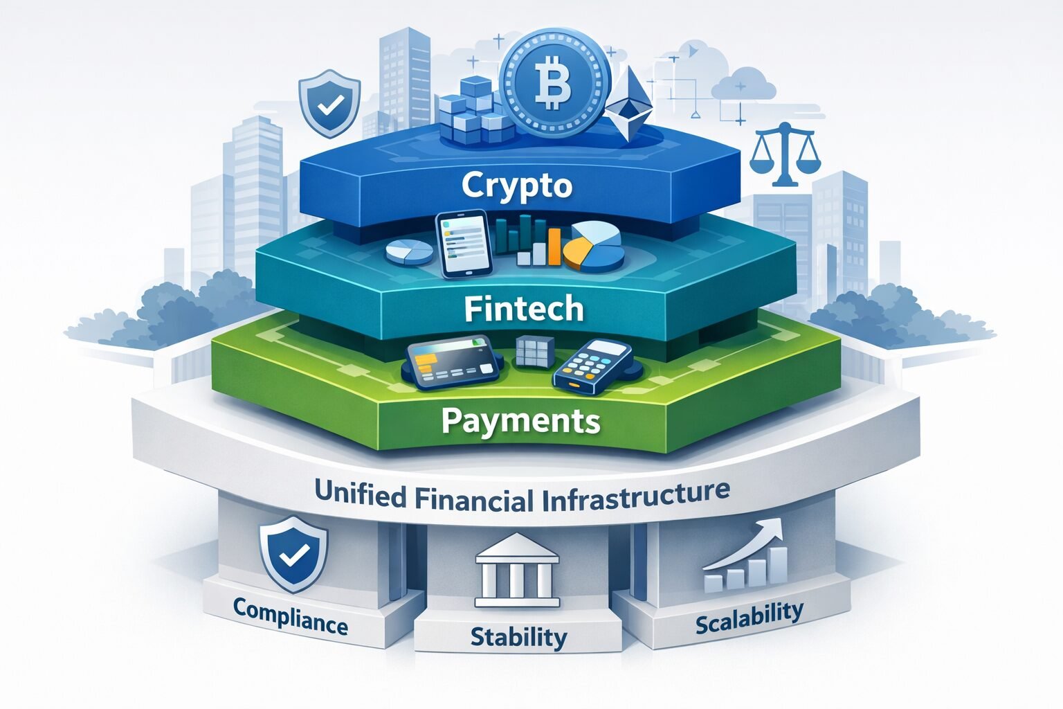 Layered financial infrastructure combining crypto, fintech, and payments
