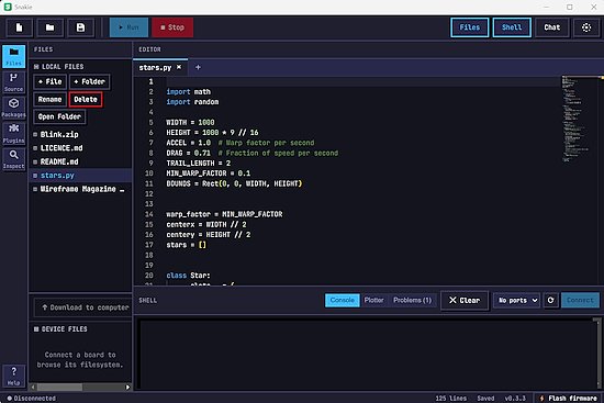 Snakie MicroPython editor interface showing code and project files