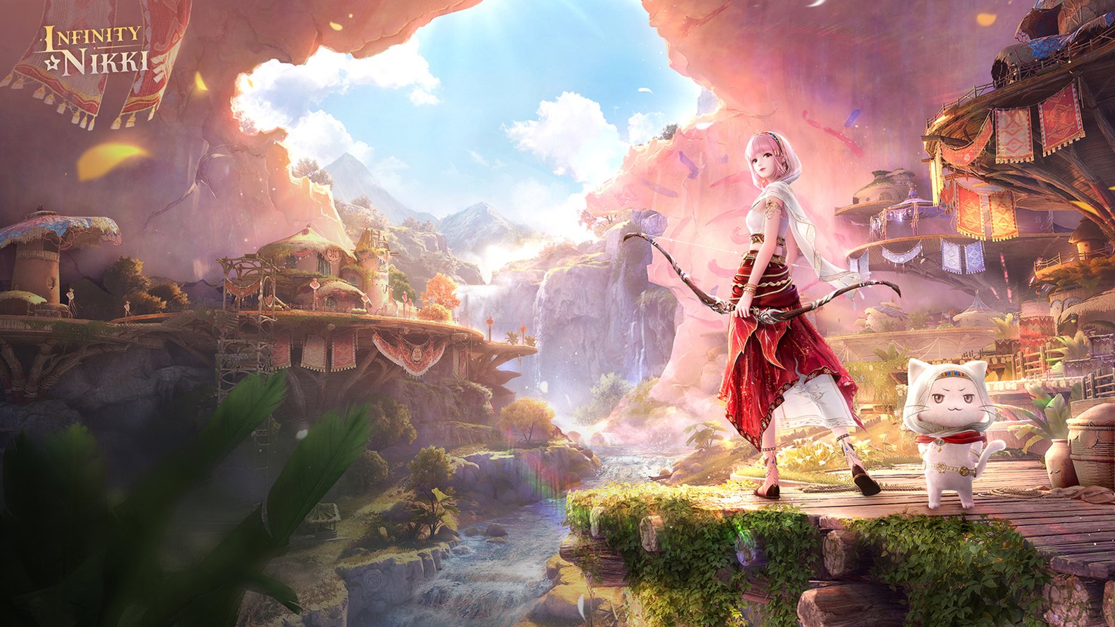 Infinity Nikki character exploring a vibrant open world, showcasing intricate costume details and diverse environments.