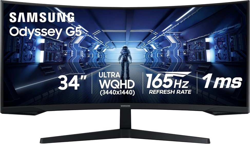 Samsung 34-inch Odyssey G5 Ultra-Wide monitor on a desk, showcasing its curved display and gaming aesthetic, with the Prime Day logo subtly visible.