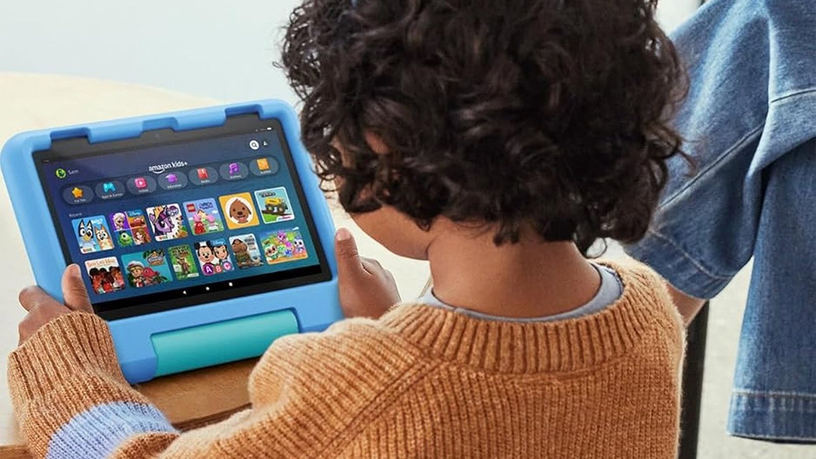 Amazon Fire HD 8 Kids tablet with colorful case on a table