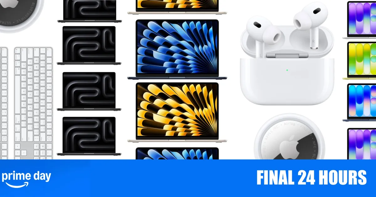 MacBook, AirPods, and Apple Watch displayed with Prime Day sale tags