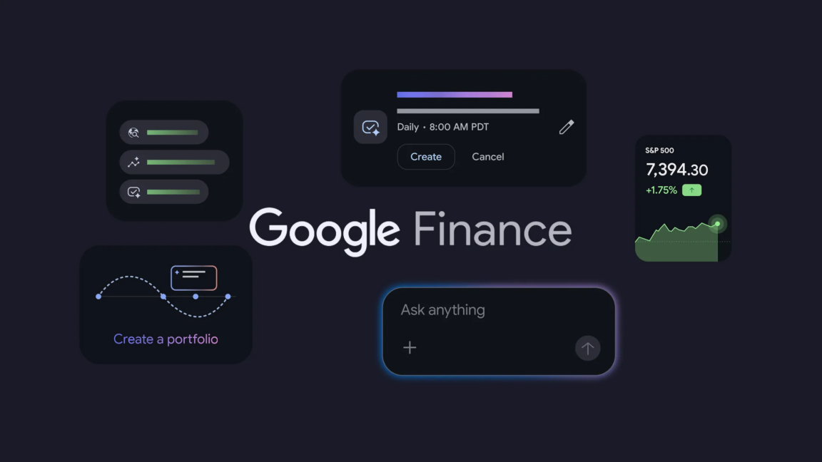 Google Finance mobile app interface on a smartphone screen, showcasing stock charts and financial news.