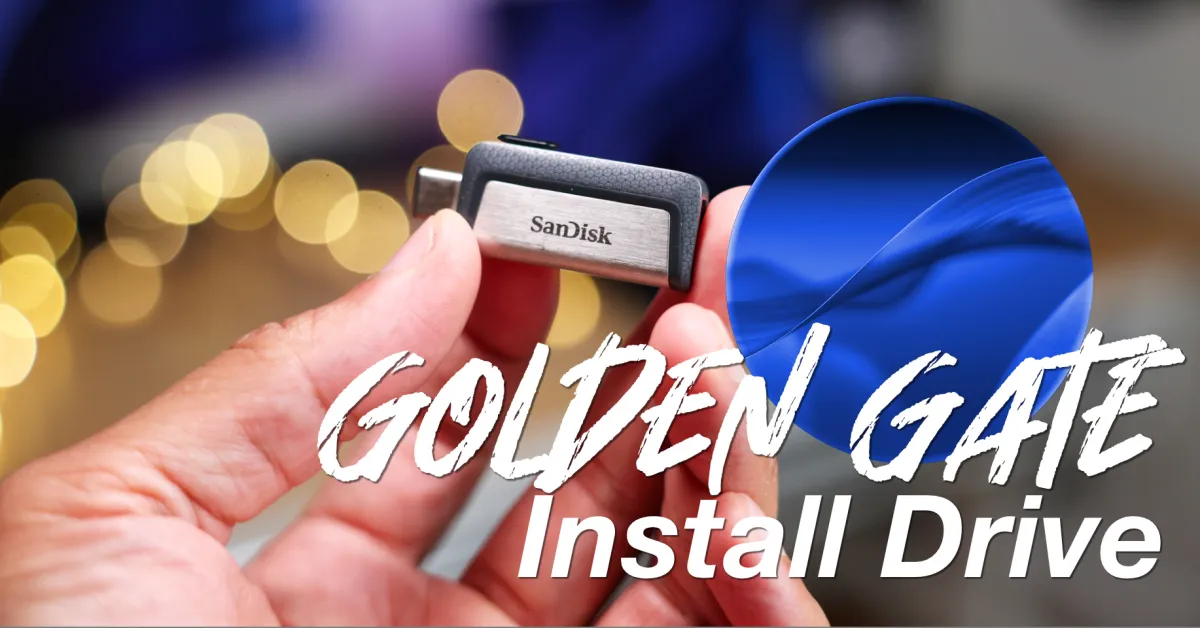 macOS Golden Gate USB installer drive being inserted into a MacBook