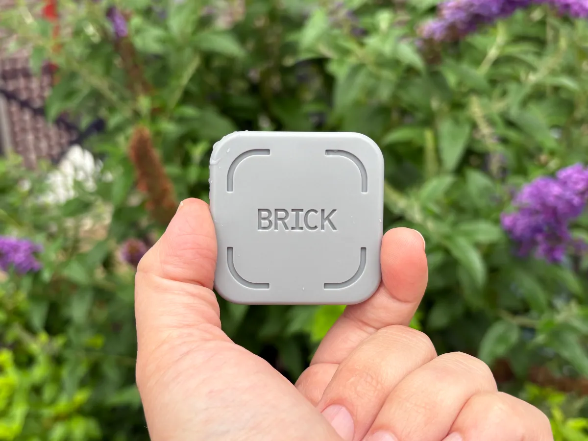 A person holding a plain red brick, symbolizing screen time reduction.
