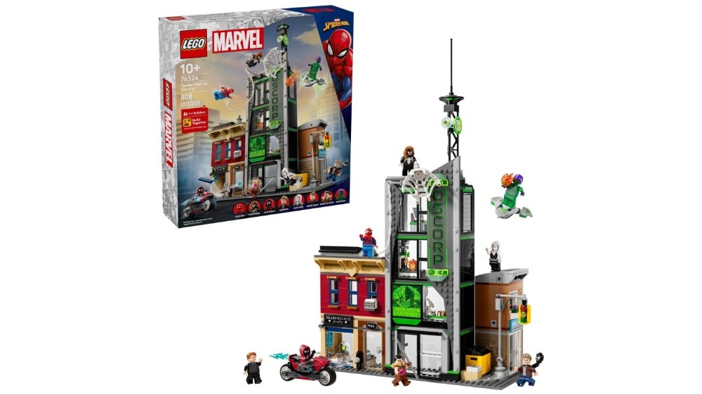Spider-Man Lego set on a wooden surface, showcasing various Spider-Man characters and vehicles.