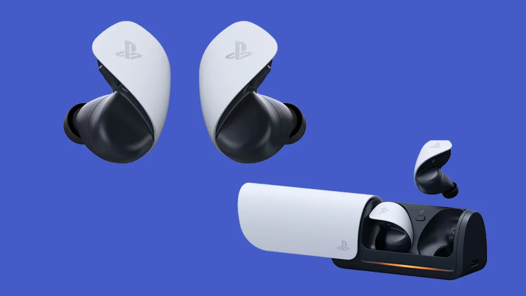 PlayStation Pulse Explore wireless earbuds on a white background, showing the charging case and earbuds.