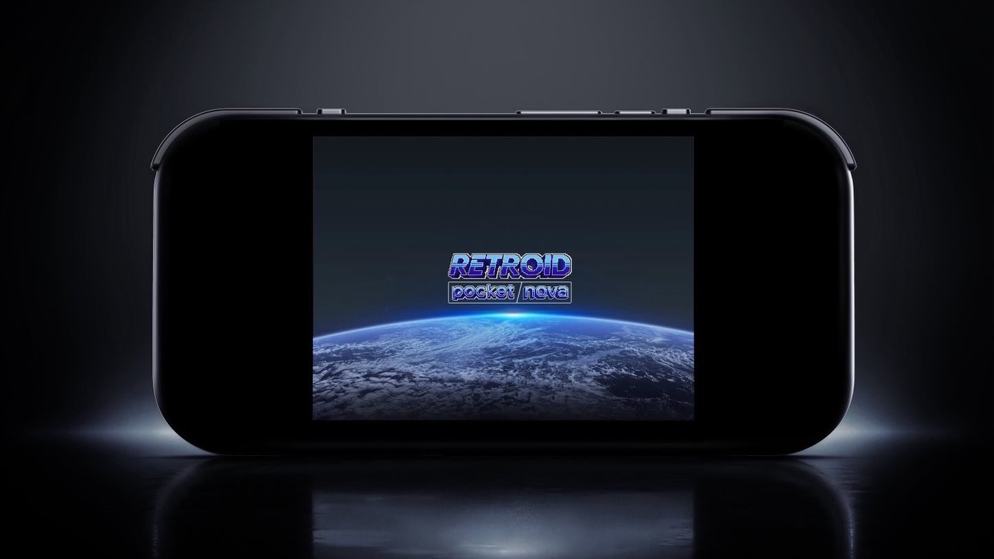 Retroid Pocket Nova handheld gaming device in hand, showcasing its screen and controls.