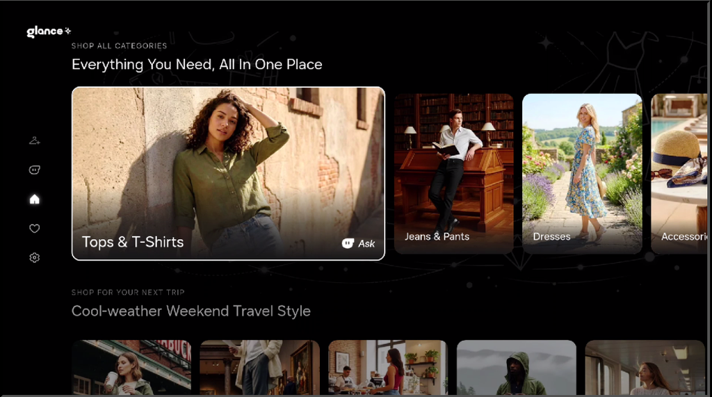 A person using a Samsung smart TV to shop using voice commands, with product images displayed on the screen.
