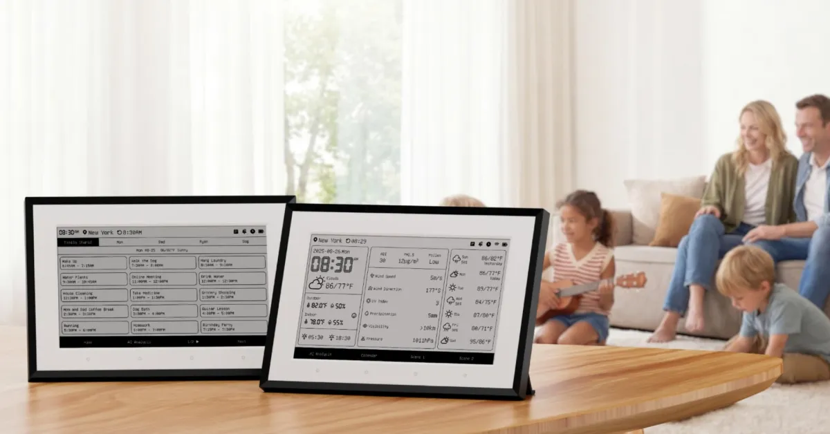 SwitchBot Weather Station displaying time, date, and indoor/outdoor temperature and humidity on its E-ink screen.