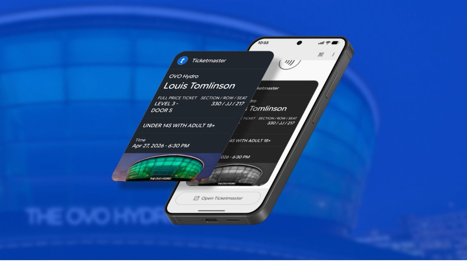 Google Wallet displaying interactive concert ticket with event details