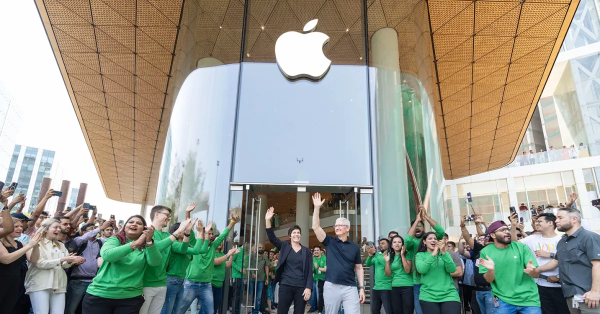 Apple logo with a futuristic design, hinting at upcoming product launches.