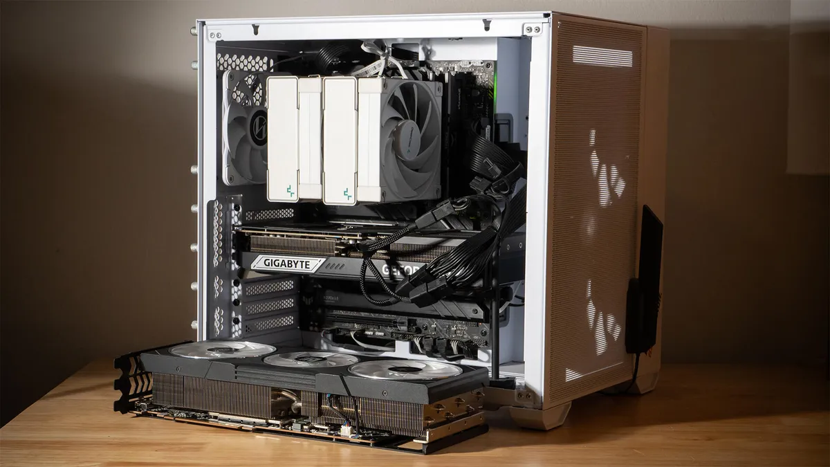 A computer technician points to a CPU on a motherboard, illustrating a CPU-bound bottleneck.