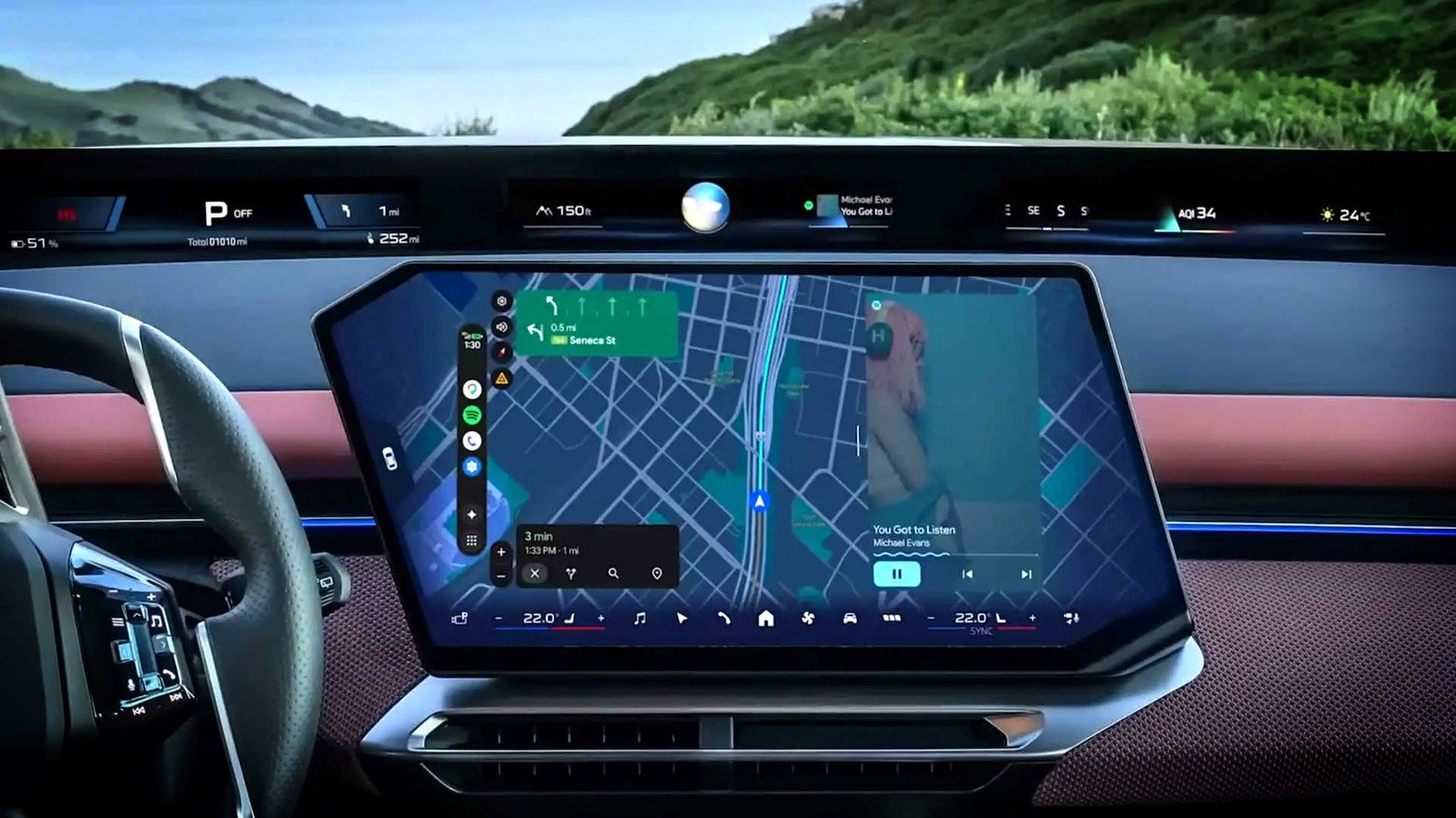 Illustration of a car dashboard with Android Auto and Apple CarPlay logos crossed out.