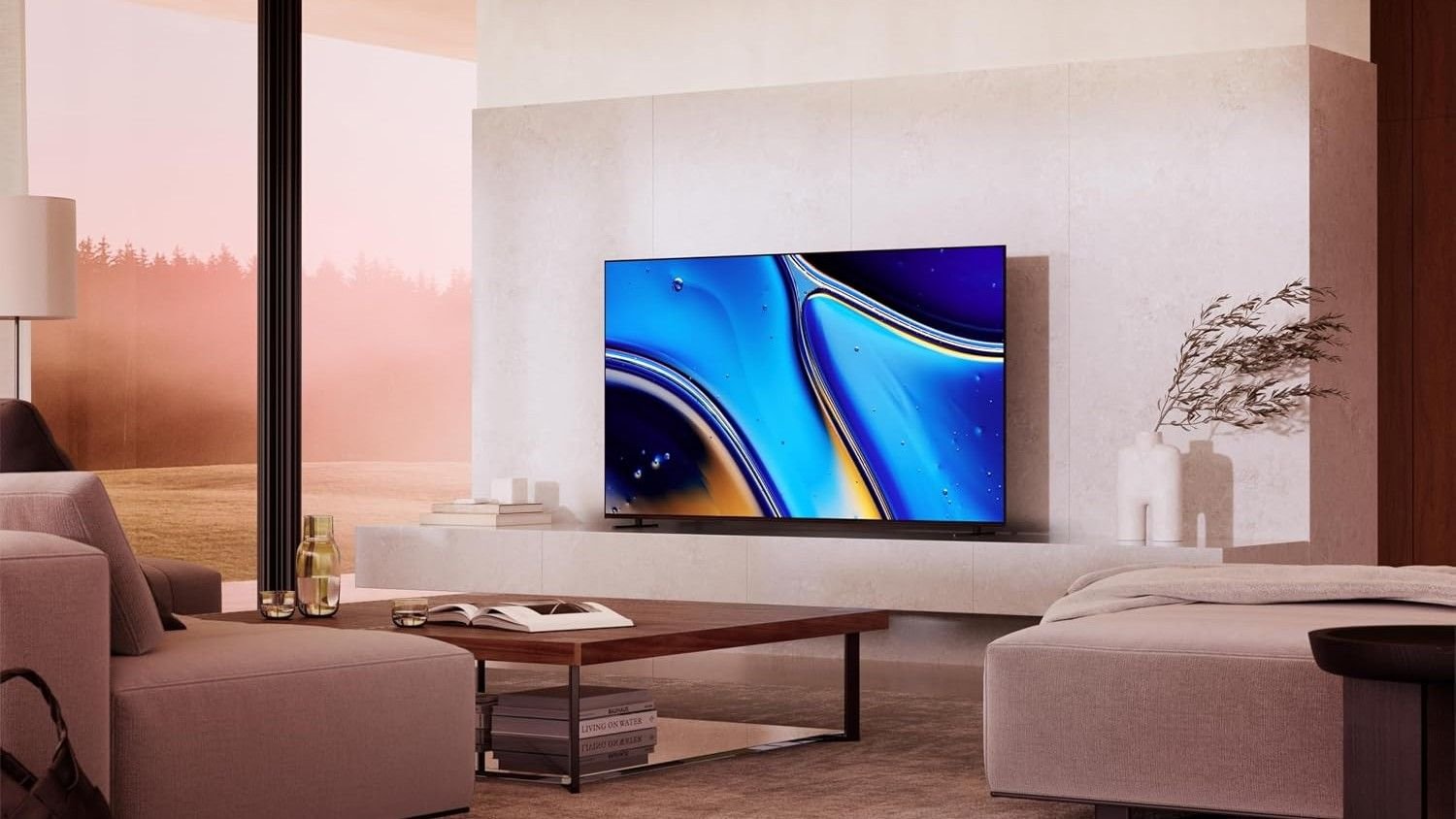 Sony A80J OLED TV on a stand in a living room setting