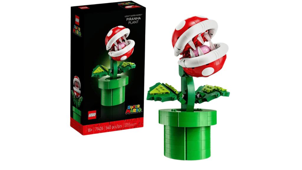 Lego Piranha Plant set on a white background, showing its iconic red and green colors and brick-built leaves and stem.