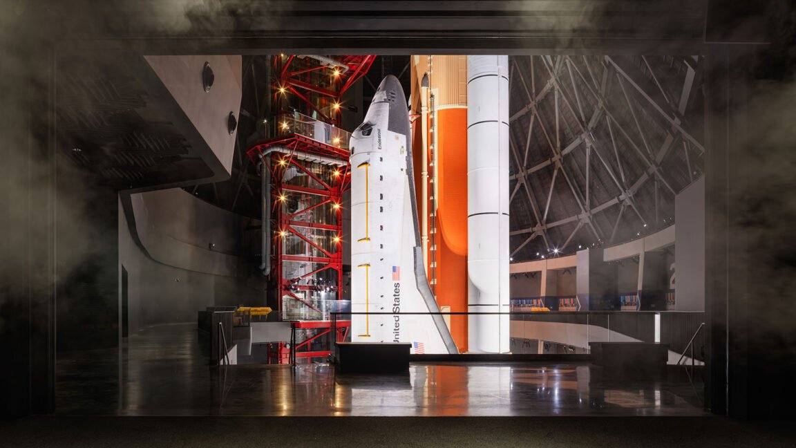 Space Shuttle Endeavour in its vertical orientation at the California Science Center.