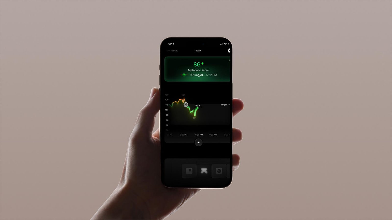 Ultrahuman M2 Live device showing real-time glucose data on a smartphone screen, emphasizing prescription-free continuous glucose monitoring.